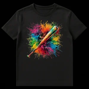 Dynamic baseball bat t-shirt with vibrant, explosive multi-colored paint splatters on a black background on Black t-shirt