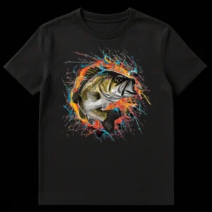 Dynamic Largemouth Bass Fishing T-Shirt with colorful splash art, ideal for anglers and bass fishing enthusiasts. on Black t-shirt