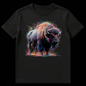Abstract Bison Splatter Art T-Shirt featuring a colorful, dynamic American Bison graphic on a black background on Black t-shirt