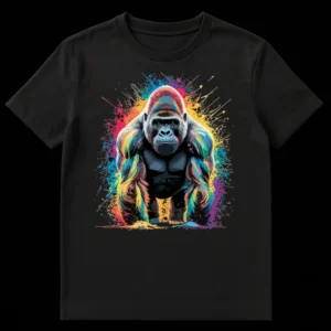 Vibrant paint splatter gorilla art t-shirt on a black background, featuring a powerful multi-color gorilla design. on Black t-shirt