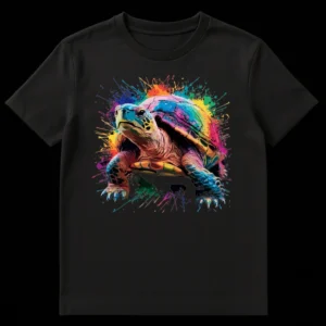 Multi-colored sea turtle t-shirt with paint splatters on a black background, vibrant and artistic on Black t-shirt