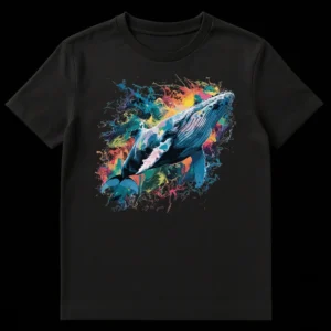 Dynamic Humpback Whale t-shirt with colorful abstract paint splatter art, featuring a blue and purple whale on a black background, perfect for marine life and art enthusiasts. on Black t-shirt