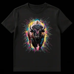Close-up of a t-shirt featuring a majestic American bison's head, depicted with a blend of realistic detail and vibrant, multi-colored splash paint or splatter art around it, set against a black background. on Black t-shirt