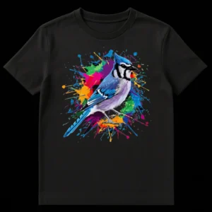 Vibrant Blue Jay T-Shirt with colorful paint splatters, abstract art style, bird watching apparel on Black t-shirt