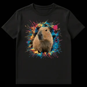 Realistic capybara t-shirt with colorful paint splatters on black, Capybara Lover Tee on Black t-shirt
