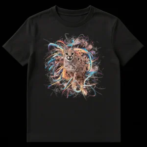 Abstract Cheetah Art T-Shirt with vibrant colorful swirls and a powerful cheetah face, wildlife apparel on Black t-shirt
