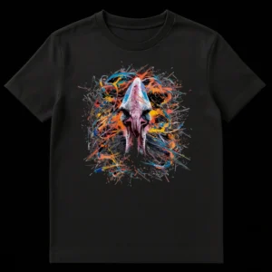 Vibrant abstract t-shirt design featuring a detailed cassowary head with an explosion of colorful paint splatters around it, against a dark background. on Black t-shirt
