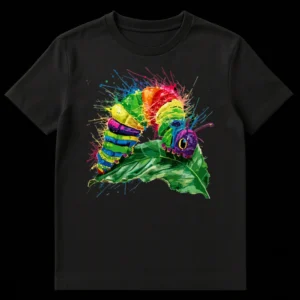 Vibrant splatter art t-shirt featuring a colorful rainbow caterpillar on a green leaf against a black background. on Black t-shirt