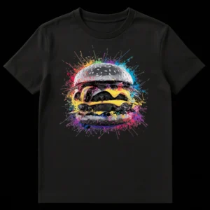 Vibrant Splatter Burger T-Shirt design showing a detailed grayscale cheeseburger with melted yellow cheese, surrounded by an explosion of colorful paint splatters in rainbow hues, set against a black background. on Black t-shirt