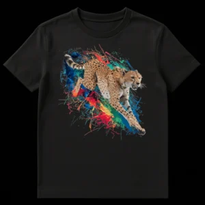 Dynamic cheetah t-shirt design with vibrant paint splatters, illustrating speed and power. on Black t-shirt