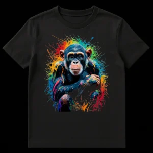 Vibrant splash art chimpanzee t-shirt design with rainbow paint splatters on a black background, featuring a colorful chimp in a pop art style on Black t-shirt