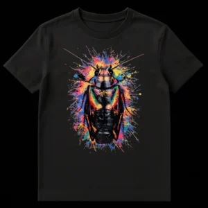 Vibrant Jewel Beetle T-Shirt with colorful paint splatters in abstract pop art style on a black background on Black t-shirt