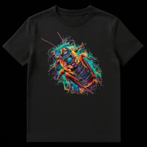 Vibrant neo-expressionistic pop art cockroach t-shirt with rainbow colors against a black background on Black t-shirt