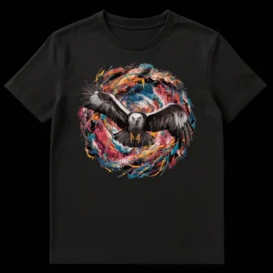 Majestic eagle soaring through a vibrant abstract paint explosion on a black t-shirt, featuring fiery oranges, blues, and yellows. on Black t-shirt