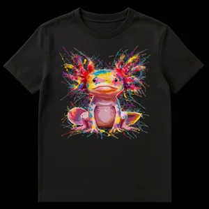 Vibrant splash art axolotl t-shirt design with bright rainbow colors against a black background, perfect for axolotl enthusiasts on Black t-shirt