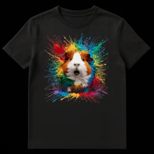 Close-up of a t-shirt design showing a surprised guinea pig's face surrounded by a vibrant, rainbow-colored paint splatter on a black background. on Black t-shirt