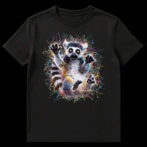 Vibrant multi-color paint splatter ring-tailed lemur t-shirt design on black background, showcasing an energetic lemur with golden eyes and reaching paws. on Black t-shirt