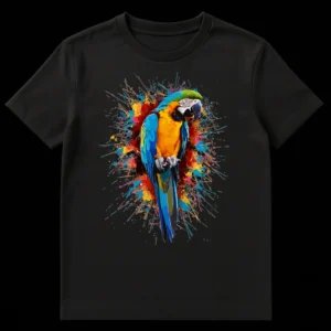 Vibrant Blue-and-yellow Macaw with colorful paint splatter art on a black t-shirt on Black t-shirt