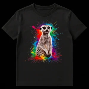 Vibrant Meerkat Paint Splatter T-Shirt design on a black background, showing a realistic meerkat surrounded by rainbow color splashes. on Black t-shirt