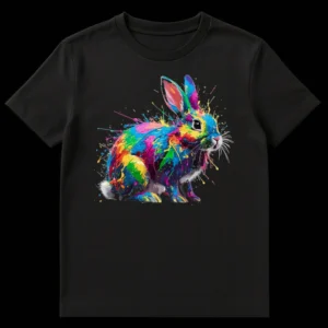 Vibrant paint splatter rabbit design on a black t-shirt, showcasing a bunny silhouette filled with rainbow colors like blue, purple, pink, yellow, and green splashes. on Black t-shirt