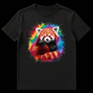 Vibrant Red Panda T-Shirt with Rainbow Paint Splatter Design on Black t-shirt