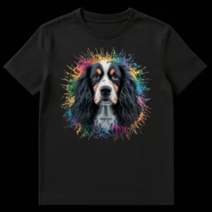 Vibrant Bernese Mountain Dog t-shirt with colorful paint splatters in pink, orange, yellow, green, blue, and purple around a tri-color dog's head, set against a black background. on Black t-shirt