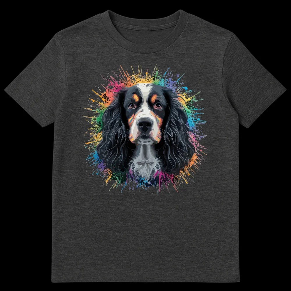 Vibrant Bernese Mountain Dog t-shirt with colorful paint splatters in pink, orange, yellow, green, blue, and purple around a tri-color dog's head, set against a black background. on Dark Heather t-shirt