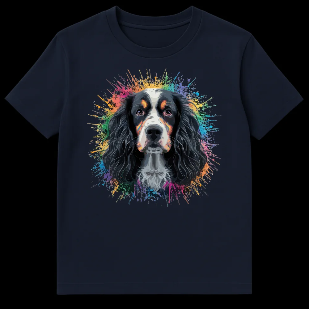 Vibrant Bernese Mountain Dog t-shirt with colorful paint splatters in pink, orange, yellow, green, blue, and purple around a tri-color dog's head, set against a black background. on Navy Blue t-shirt