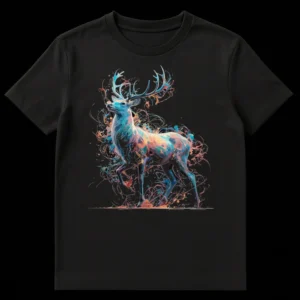Vibrant Deer Spirit Abstract Nature Art T-Shirt featuring a majestic stag with colorful paint splatters in blue, purple, orange, and yellow on a black background. on Black t-shirt
