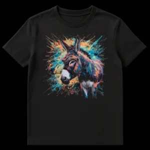 Neo-Expressionist Donkey T-Shirt vibrant splatter art design with colorful donkey on black background on Black t-shirt
