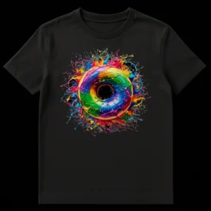 Rainbow Splatter Donut Art T-Shirt with vibrant paint explosion design on a black background on Black t-shirt