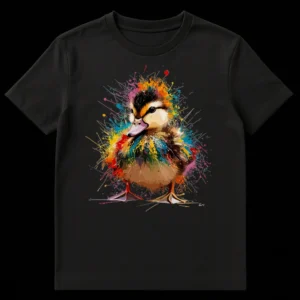 Vibrant Splatter Duckling T-Shirt design on a dark background, showing a cute duckling with colorful rainbow paint splashes exploding around it on Black t-shirt