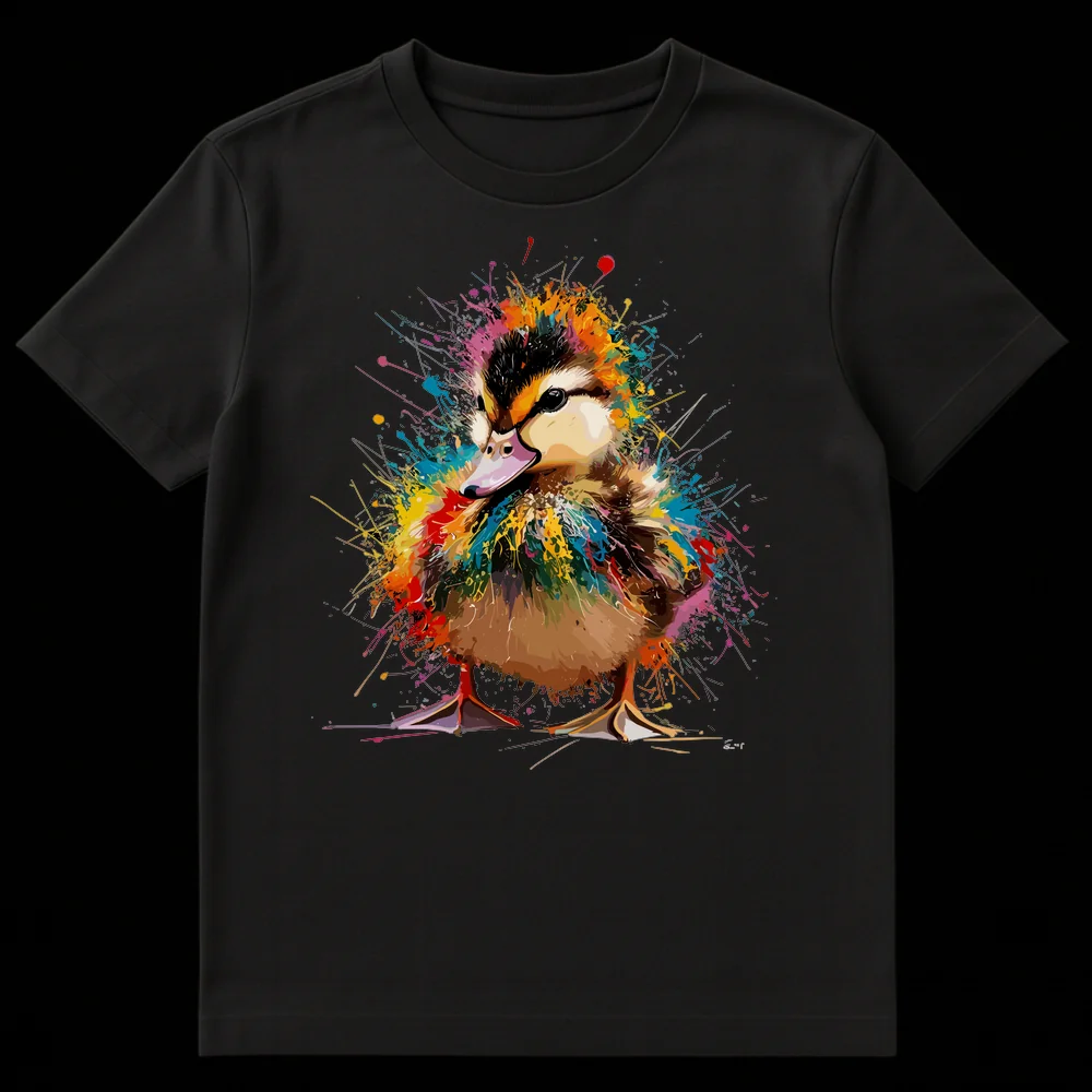 Vibrant Splatter Duckling T-Shirt design on a dark background, showing a cute duckling with colorful rainbow paint splashes exploding around it on Black t-shirt