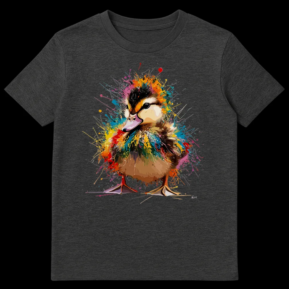 Vibrant Splatter Duckling T-Shirt design on a dark background, showing a cute duckling with colorful rainbow paint splashes exploding around it on Dark Heather t-shirt