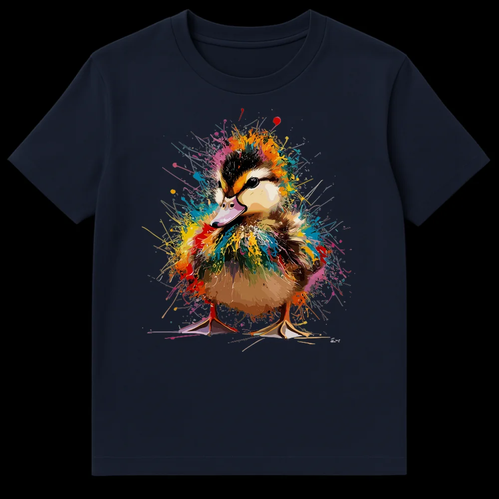 Vibrant Splatter Duckling T-Shirt design on a dark background, showing a cute duckling with colorful rainbow paint splashes exploding around it on Navy Blue t-shirt