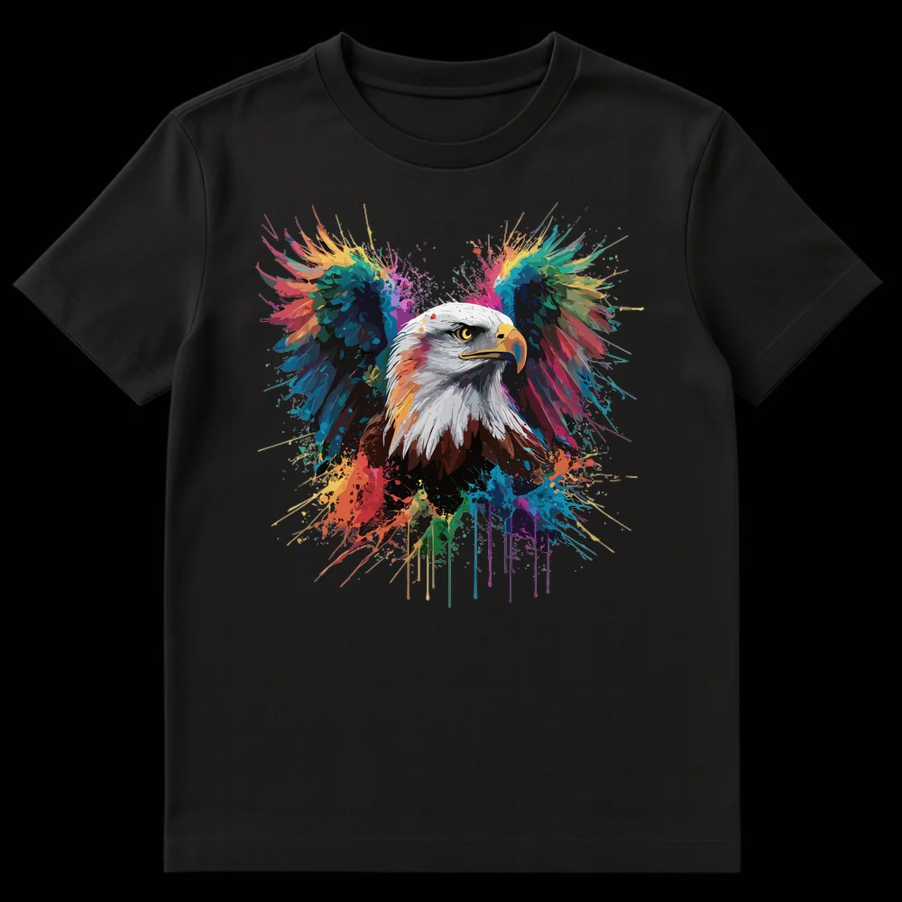 Bald Eagle head with vibrant rainbow paint splatter wings on a black t-shirt, symbolizing freedom and art. on Black t-shirt
