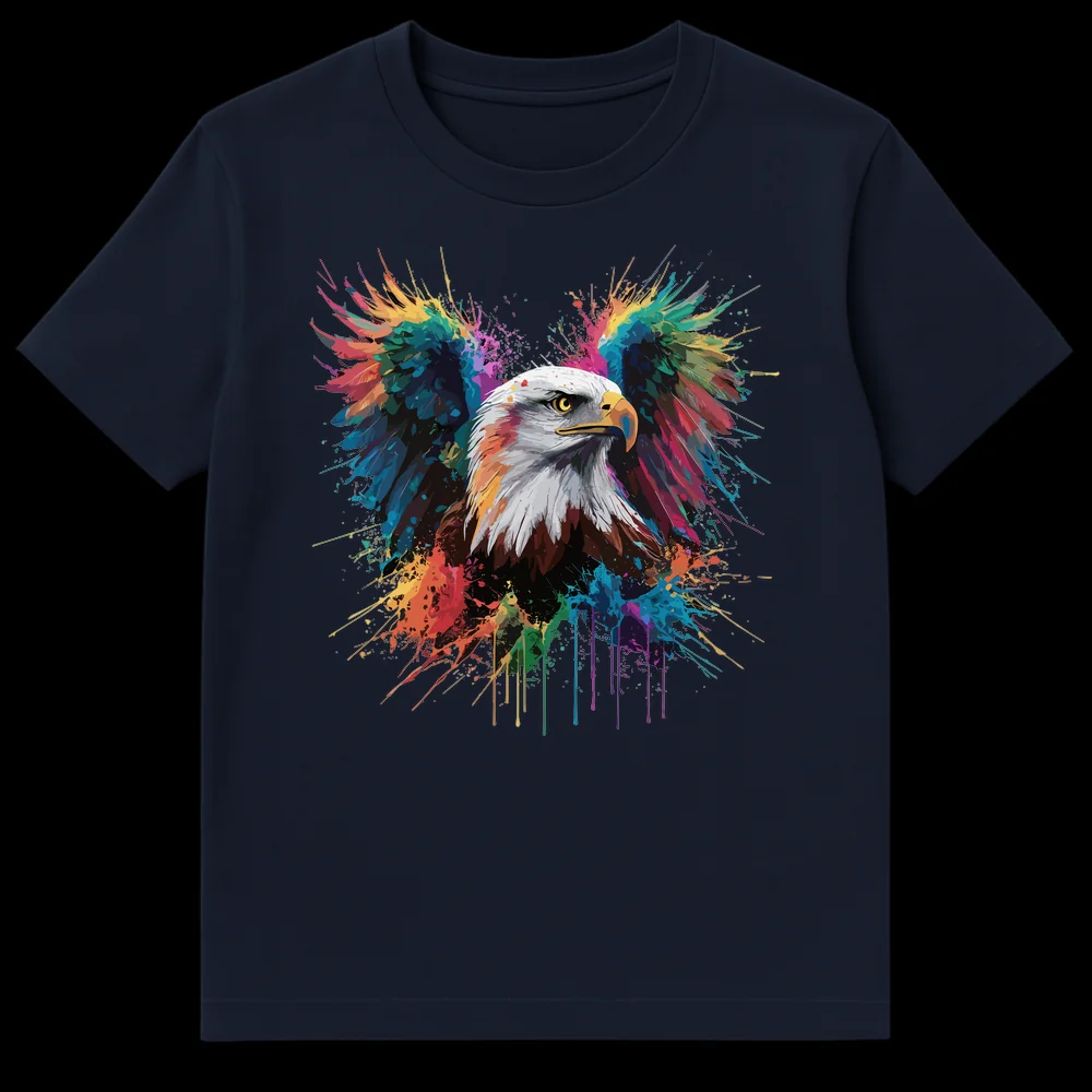 Bald Eagle head with vibrant rainbow paint splatter wings on a black t-shirt, symbolizing freedom and art. on Navy Blue t-shirt