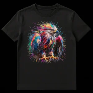 Vibrant splash art eagle t-shirt with multi-color paint splatters on a black background, depicting a majestic raptor in an artistic style. on Black t-shirt