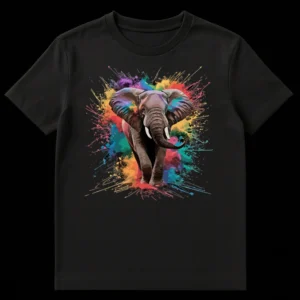 Majestic African elephant t-shirt with vibrant multi-color paint splatter design on a black background on Black t-shirt