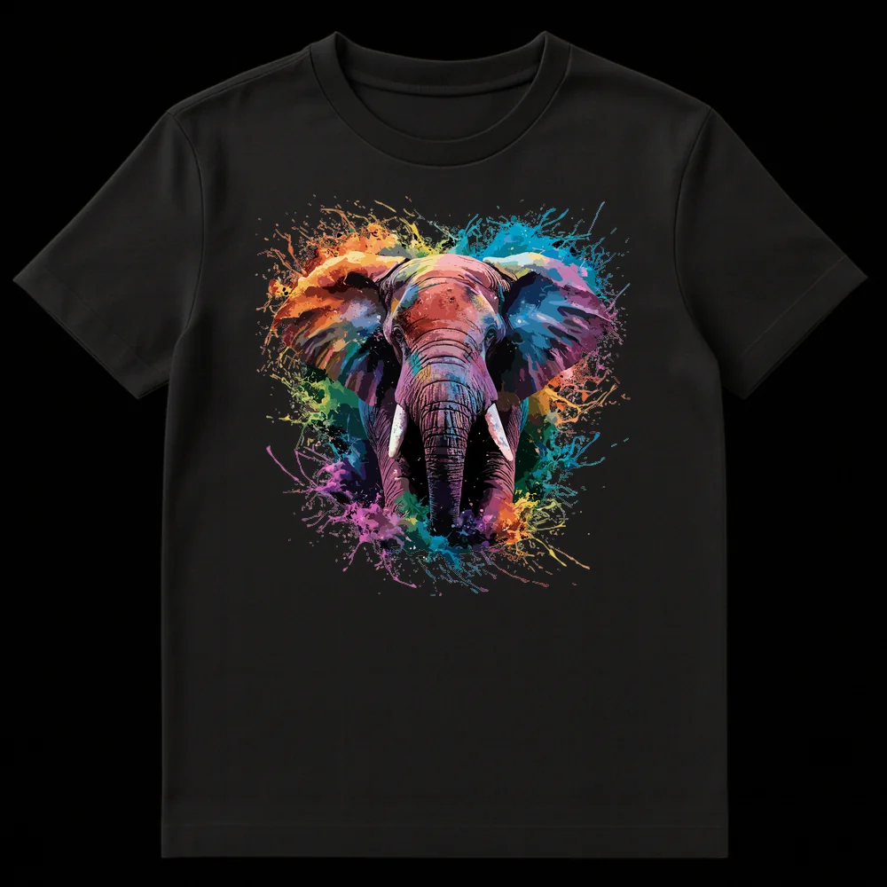 Colorful watercolor paint splatter African elephant t-shirt design on black background on Black t-shirt
