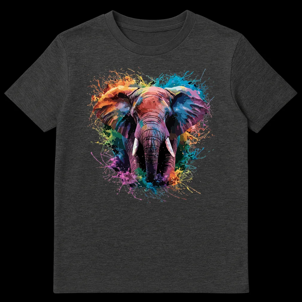 Colorful watercolor paint splatter African elephant t-shirt design on black background on Dark Heather t-shirt
