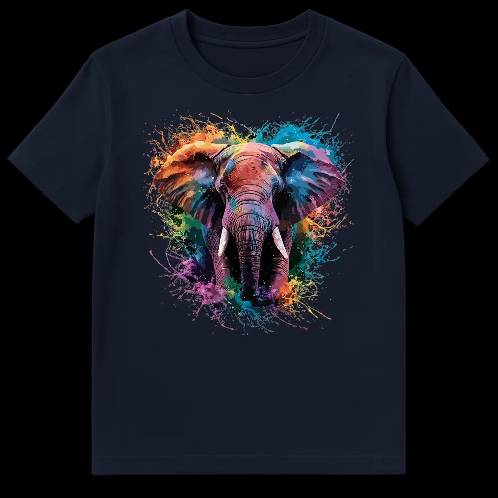 Colorful watercolor paint splatter African elephant t-shirt design on black background on Navy Blue t-shirt