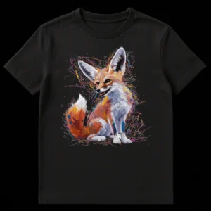 Vibrant splatter art fennec fox t-shirt design with dynamic paint splashes in orange, blue, and green on a black background. on Black t-shirt
