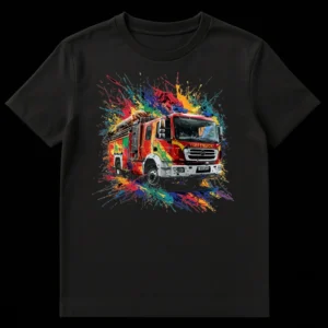 Dynamic Splatter Fire Truck T-Shirt featuring a modern red fire truck with vibrant paint splatters against a black background and 'FIRETruck' text on Black t-shirt