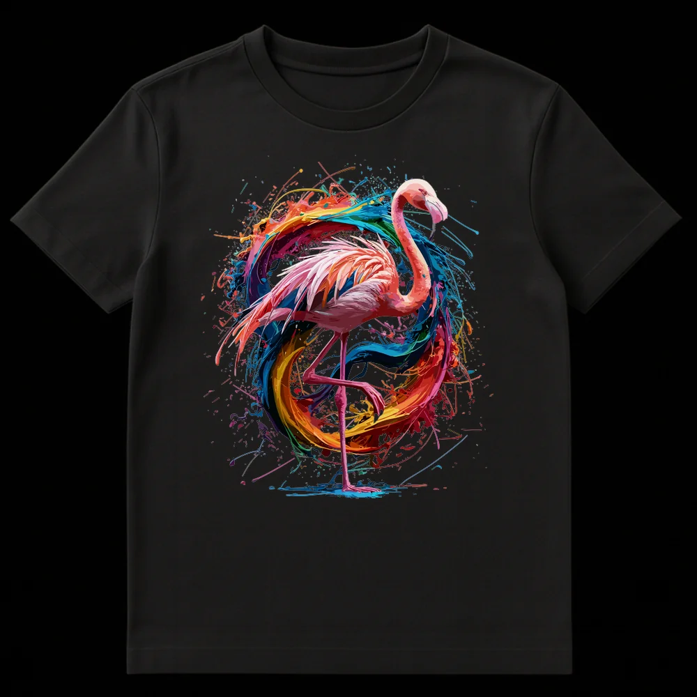 Vibrant flamingo t-shirt with rainbow paint splatters on a black background on Black t-shirt
