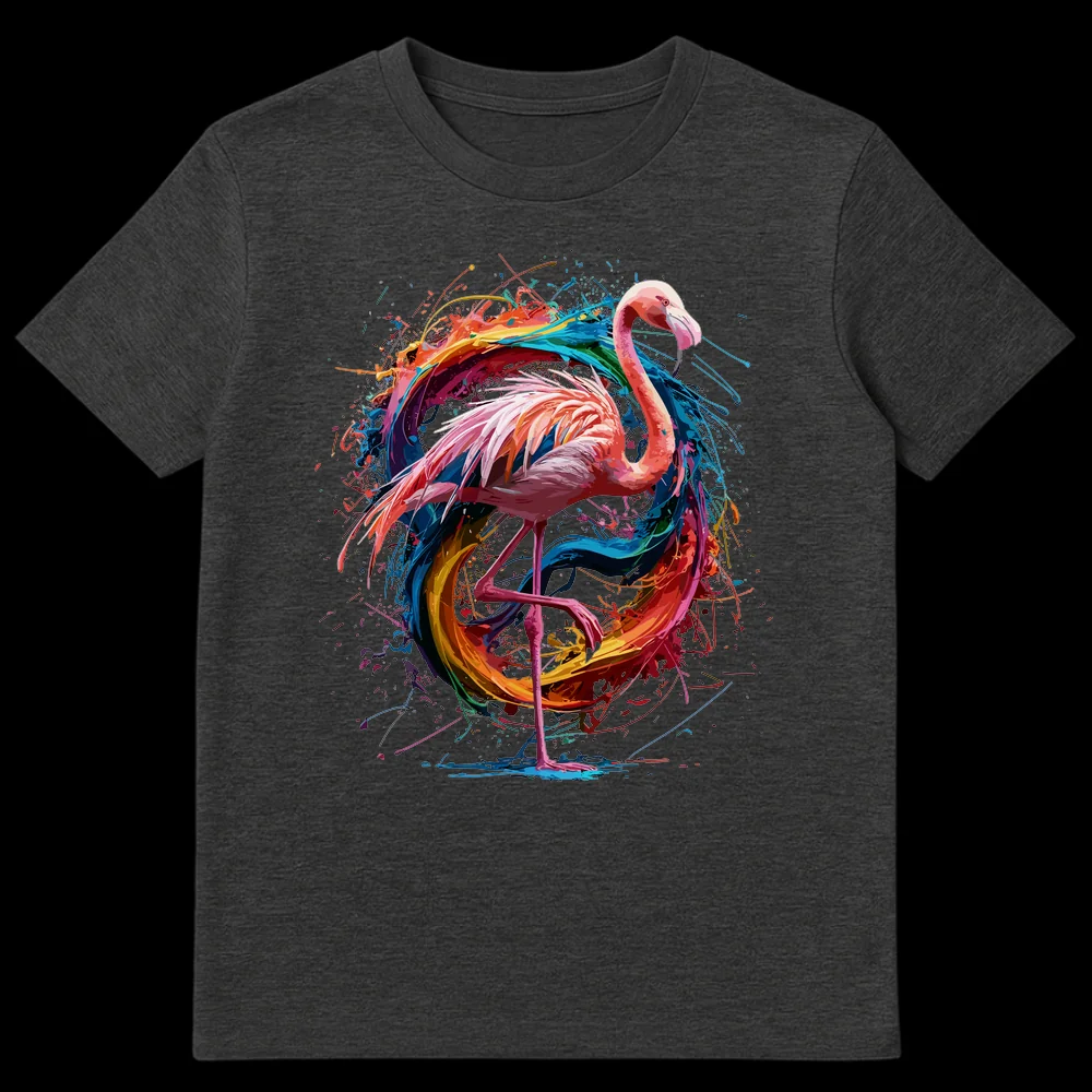 Vibrant flamingo t-shirt with rainbow paint splatters on a black background on Dark Heather t-shirt