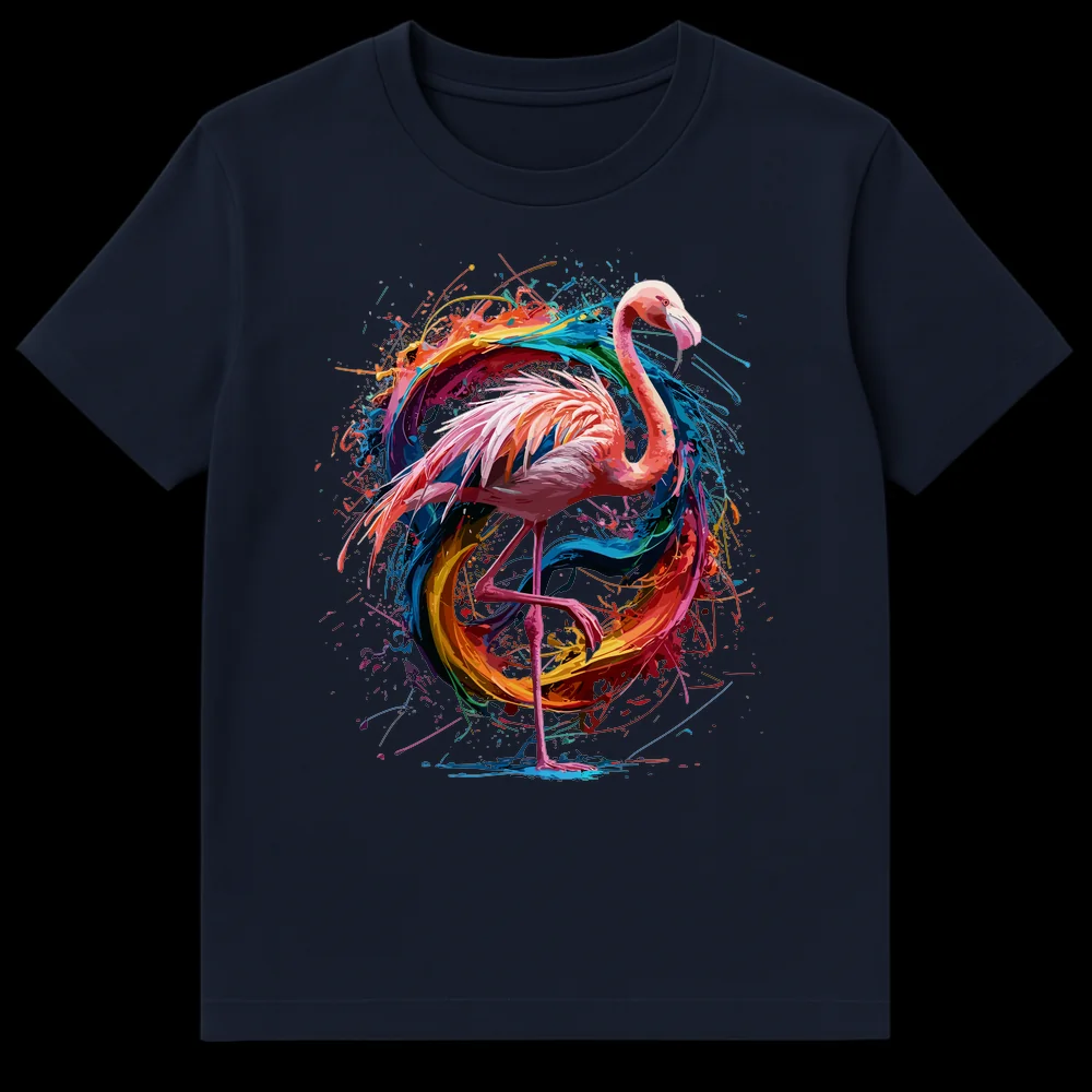 Vibrant flamingo t-shirt with rainbow paint splatters on a black background on Navy Blue t-shirt