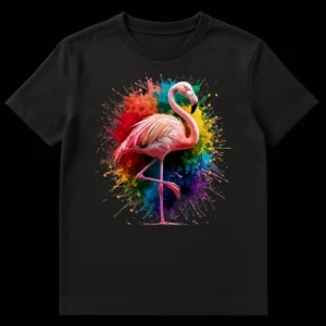 Vibrant watercolor flamingo t-shirt with rainbow splash art on a black background on Black t-shirt