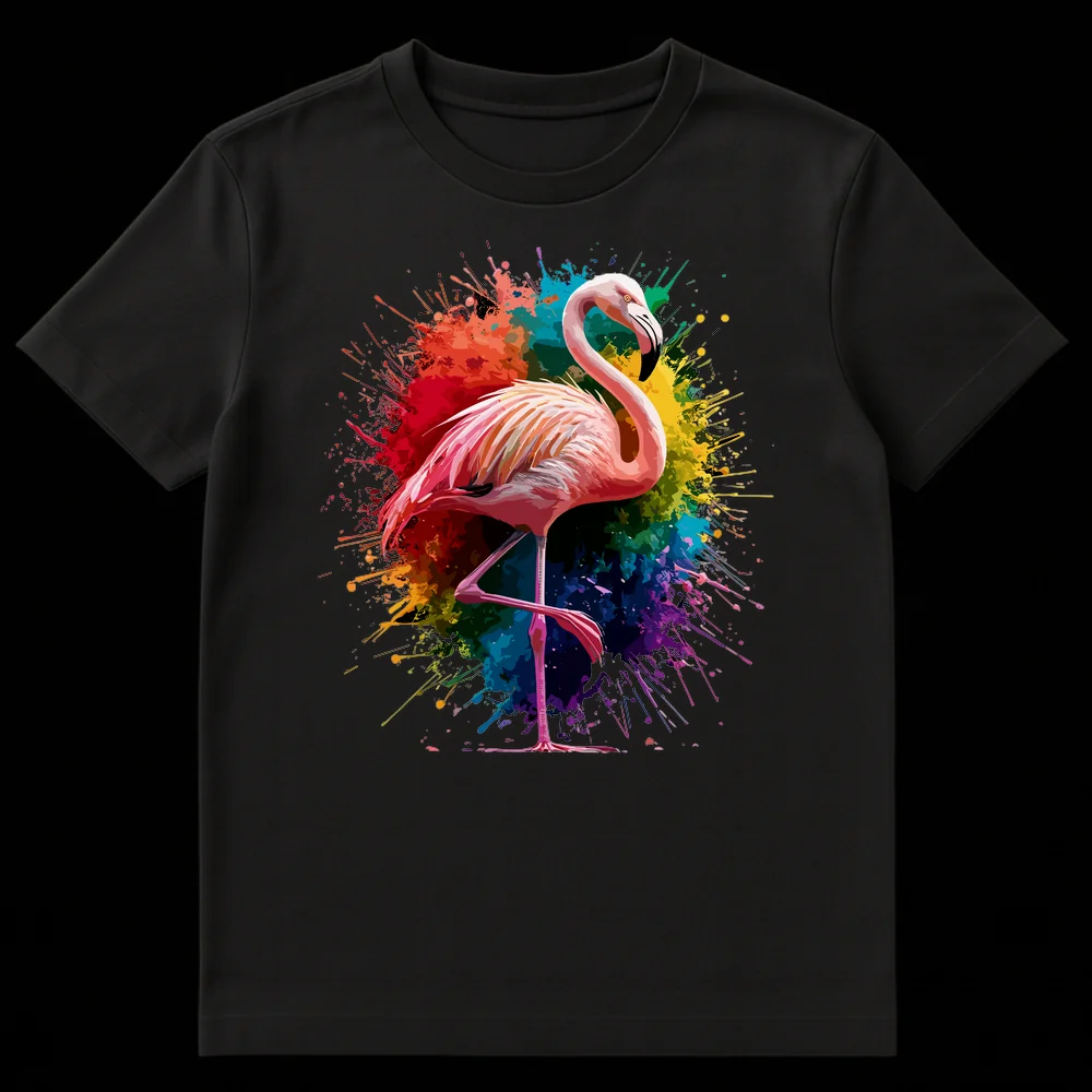 Vibrant watercolor flamingo t-shirt with rainbow splash art on a black background on Black t-shirt