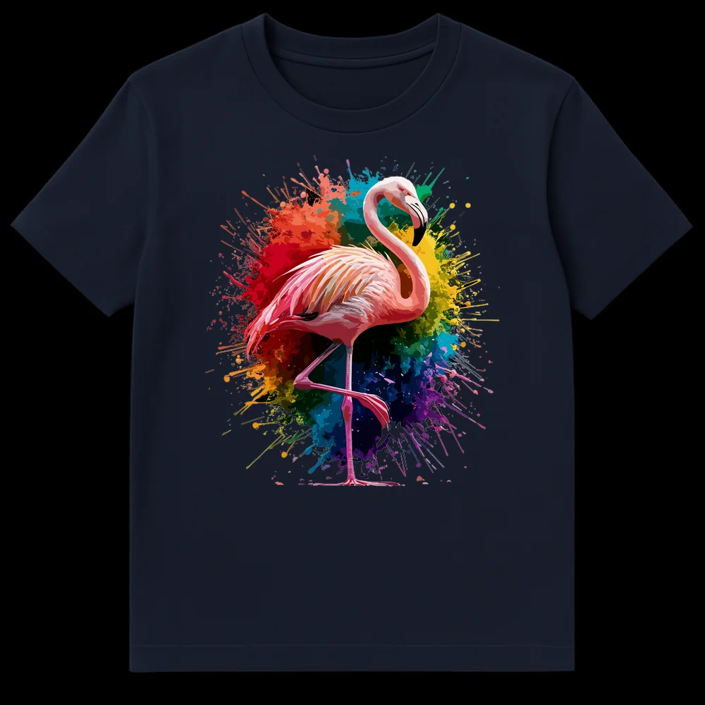 Vibrant watercolor flamingo t-shirt with rainbow splash art on a black background on Navy Blue t-shirt